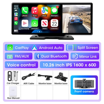 10/11.26" 4K Dash Cam — Dual Lens Car DVR with Wireless CarPlay, Android Auto, GPS & WiFi Video Recorder