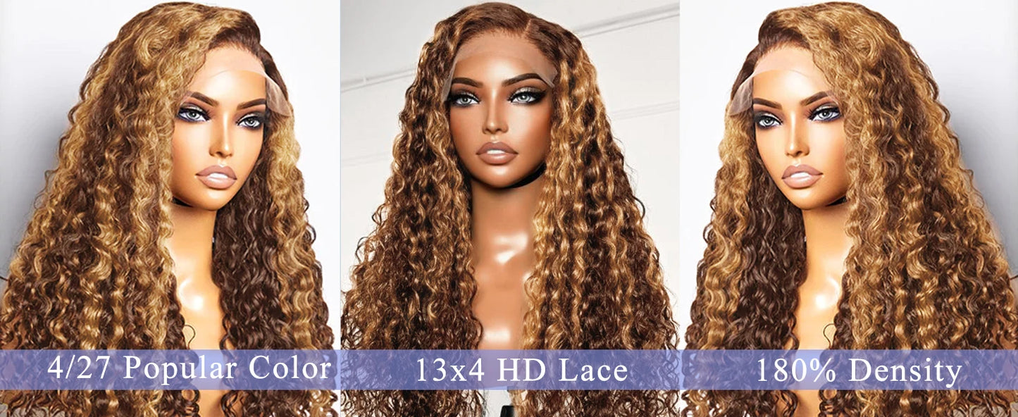 Honey Blonde Deep Water Wave HD Lace Frontal Wig – 13x6 Human Hair, Highlight Curly, 30-34 Inch Length