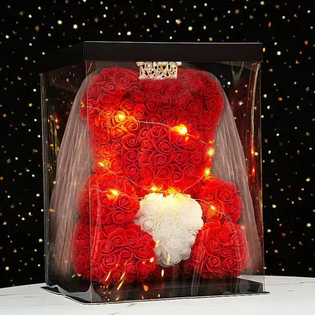 25cm Teddy Bear with Artificial Roses in Box – Romantic Valentine’s Day & Anniversary Gift for Women