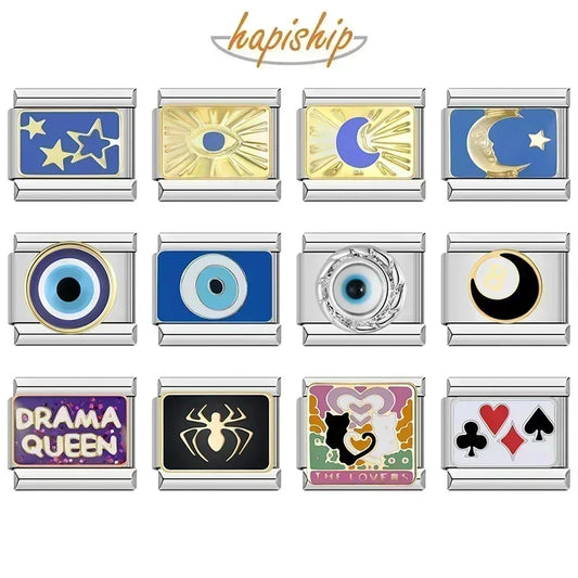 Hapiship 2024 Eye Moon Star Fish Spider Poker Queen Charm – Italian Links for 9mm DIY Bracelet Jewelry DJ854