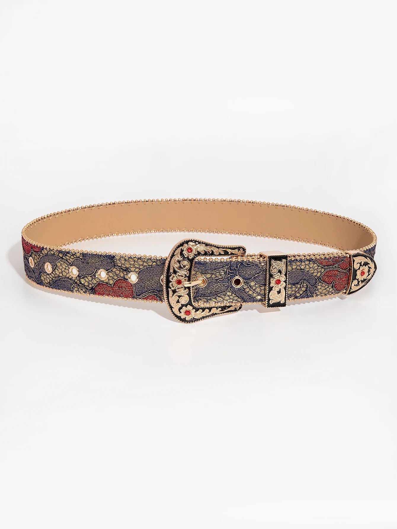 Women’s Gemstone Buckle Belt - Vintage Palace Style Floral Embroidery PU Fashion Accessory