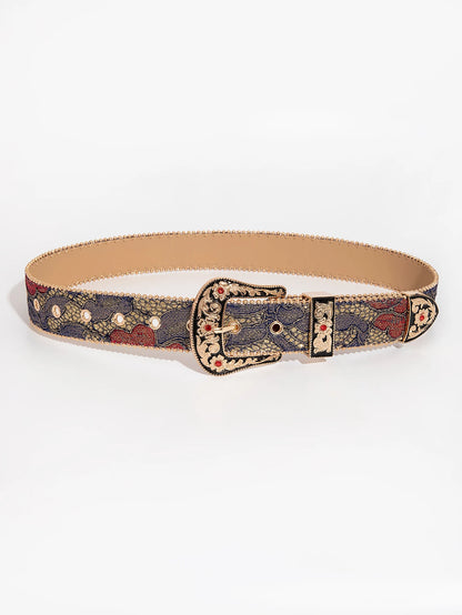Women’s Gemstone Buckle Belt - Vintage Palace Style Floral Embroidery PU Fashion Accessory