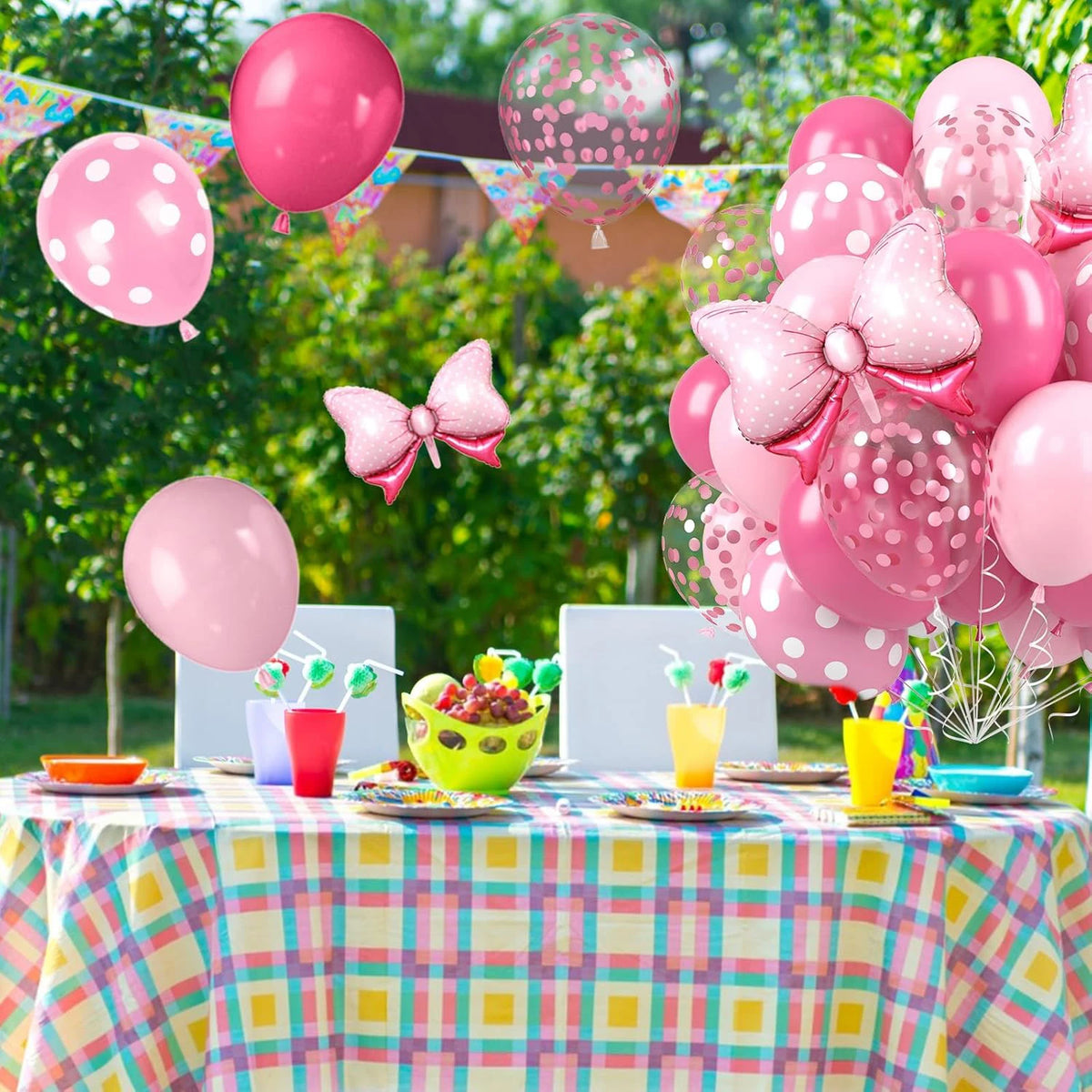 31-Piece Pink Bow Balloon Set - Hot Pink Rose Dot Foil and Confetti Balloons with Ribbon for Girls’ Birthdays and Baby Showers