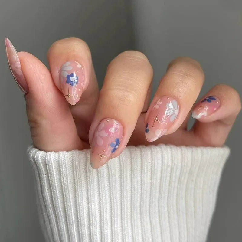 24pcs Goldfish Pattern Almond Press-On Nails – Simple Nude Pink Wearable Detachable False Nail Manicure Set