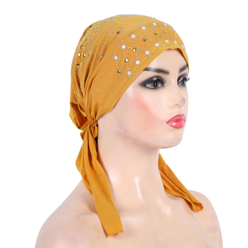 H089 Women’s Turban Hijab – Fashion Gold Sequin Islamic Headscarf, Pull-On Amira Headwrap