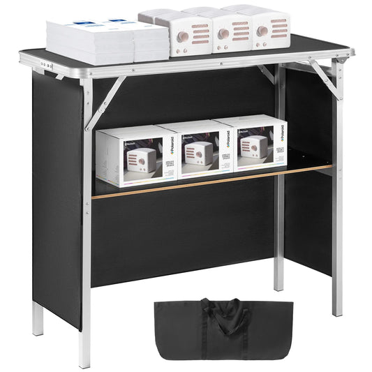 SucceBuy Folding Portable Bar Table – Tradeshow Podium with Carrying Case, Storage Shelf & Skirt for Party, Picnic & Exhibition