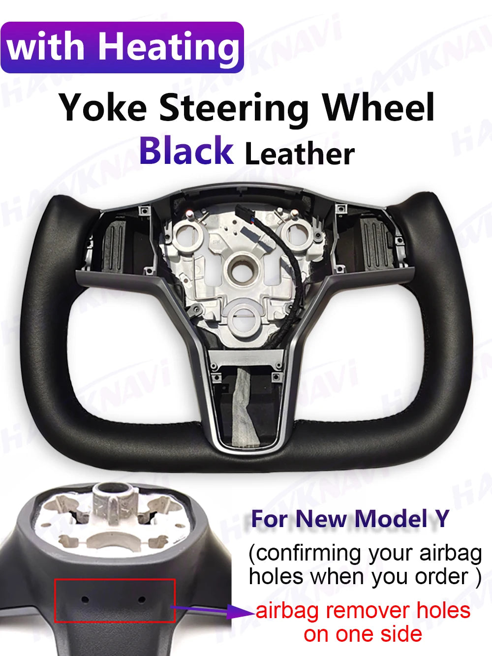 Hawknavi 350mm Yoke Steering Wheel – Leather Racing Style for Tesla Model 3 & Model Y, Heated Optional, White & Black