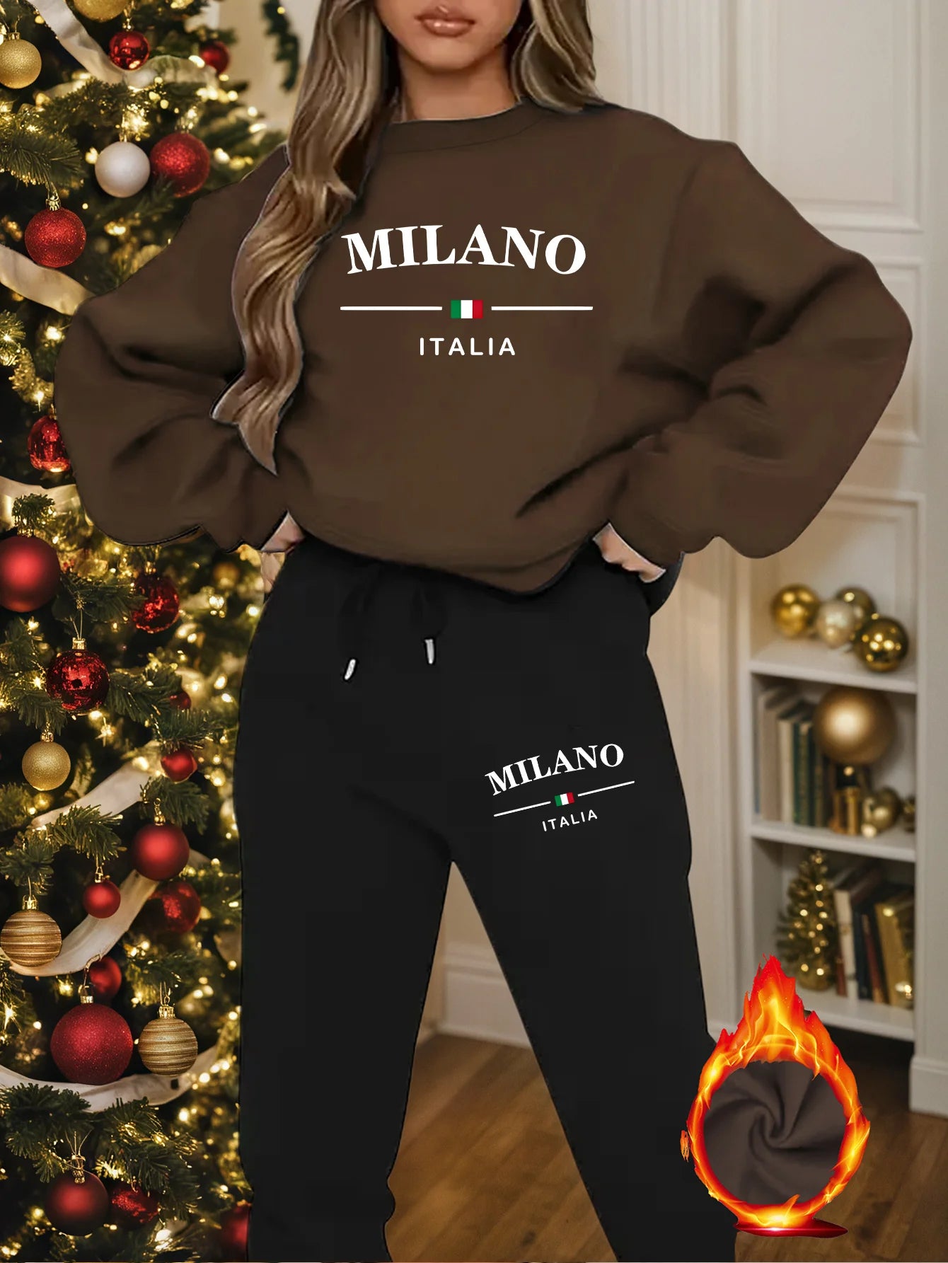 Women's Milano Italia 2-Piece Winter Set - Plush Warm Hooded Sweatshirt & Sports Pants Outfit