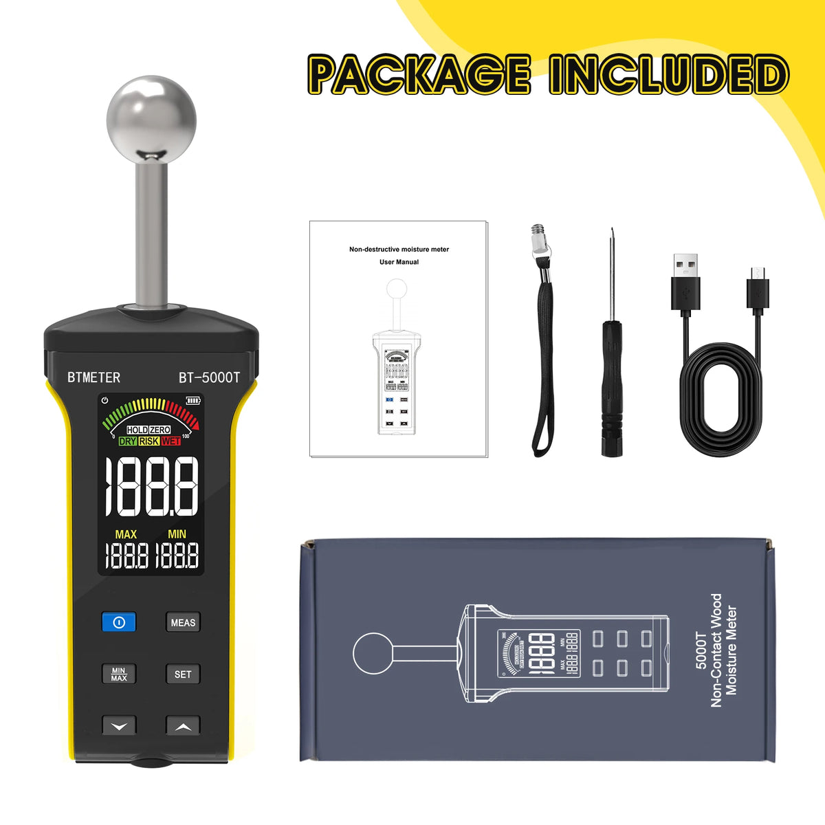 BT-5000T Pinless Wall Humidity Detector - 20–40mm Wood Moisture Meter with WET/RISK/DRY Alarm & Wall Surface Testing