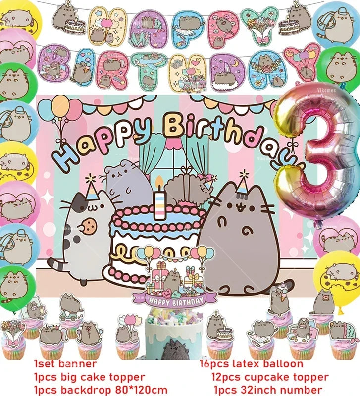 Pusheen Cat Birthday Party Decorations - Cartoon Pet Theme Balloons, Banner, Backdrop, Cake Topper, and Baby Shower Stickers