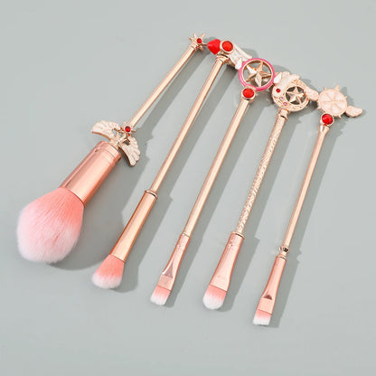 5-Piece Sakura Makeup Brush Set - Soft Fluffy Metal Handle Powder, Eyeshadow & Eyebrow Brushes