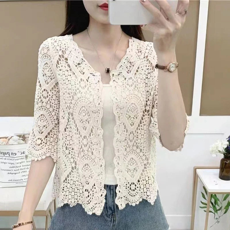 Women’s Knitted Lace Shrug – Boho Hollow Crochet Floral 3/4 Sleeves, Open Front Cropped Cardigan, Elegant Mesh Sweater Cover-Up