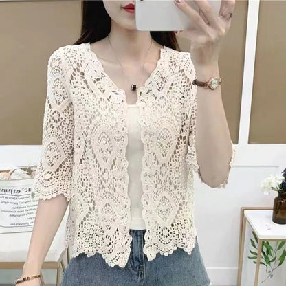Women’s Knitted Lace Shrug – Boho Hollow Crochet Floral 3/4 Sleeves, Open Front Cropped Cardigan, Elegant Mesh Sweater Cover-Up