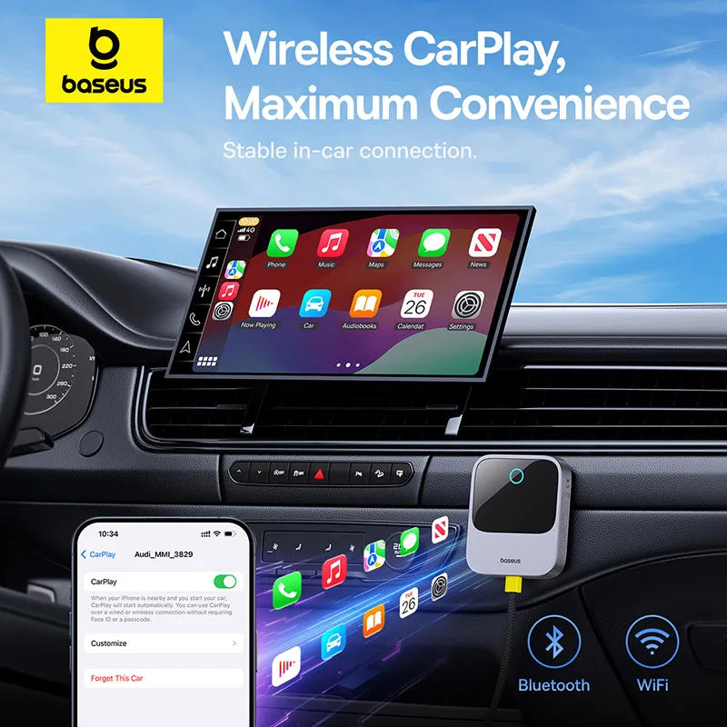 Baseus Wireless CarPlay Adapter - Wired to Wireless Auto Connect, Plug & Play Bluetooth Smart Car System