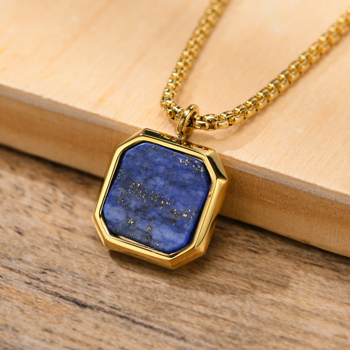 Vnox Stylish Men's Square Natural Stone Necklace - Stainless Steel Geometric Polygon Pendant, Casual Punk Jewelry Gift