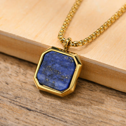 Vnox Stylish Men's Square Natural Stone Necklace - Stainless Steel Geometric Polygon Pendant, Casual Punk Jewelry Gift