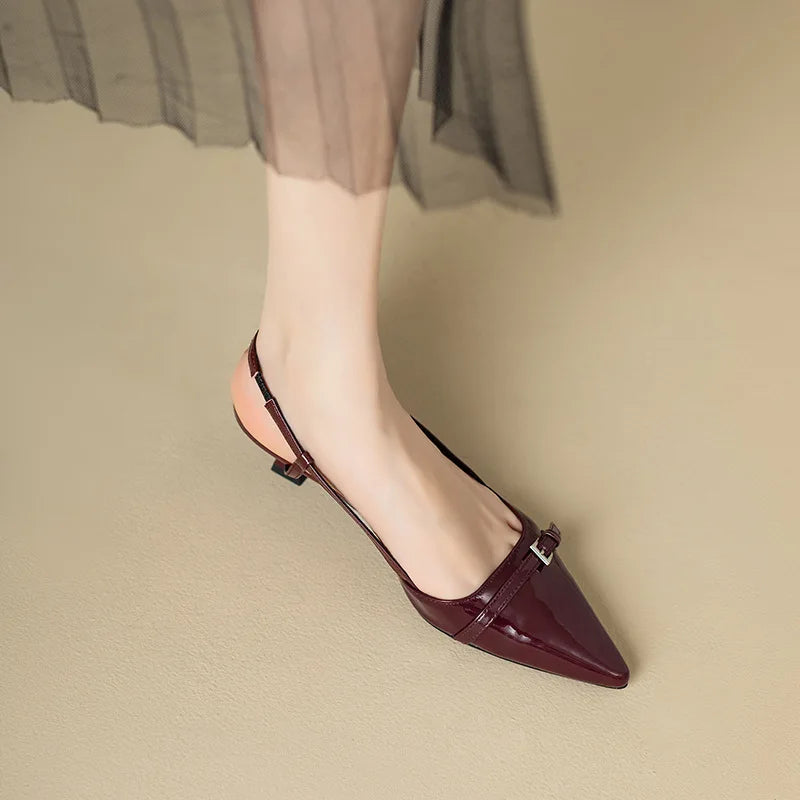2024 Summer French Wine Red Pointed Patent Leather Mid-Heel Sandals for Women - Retro Skinny Heel