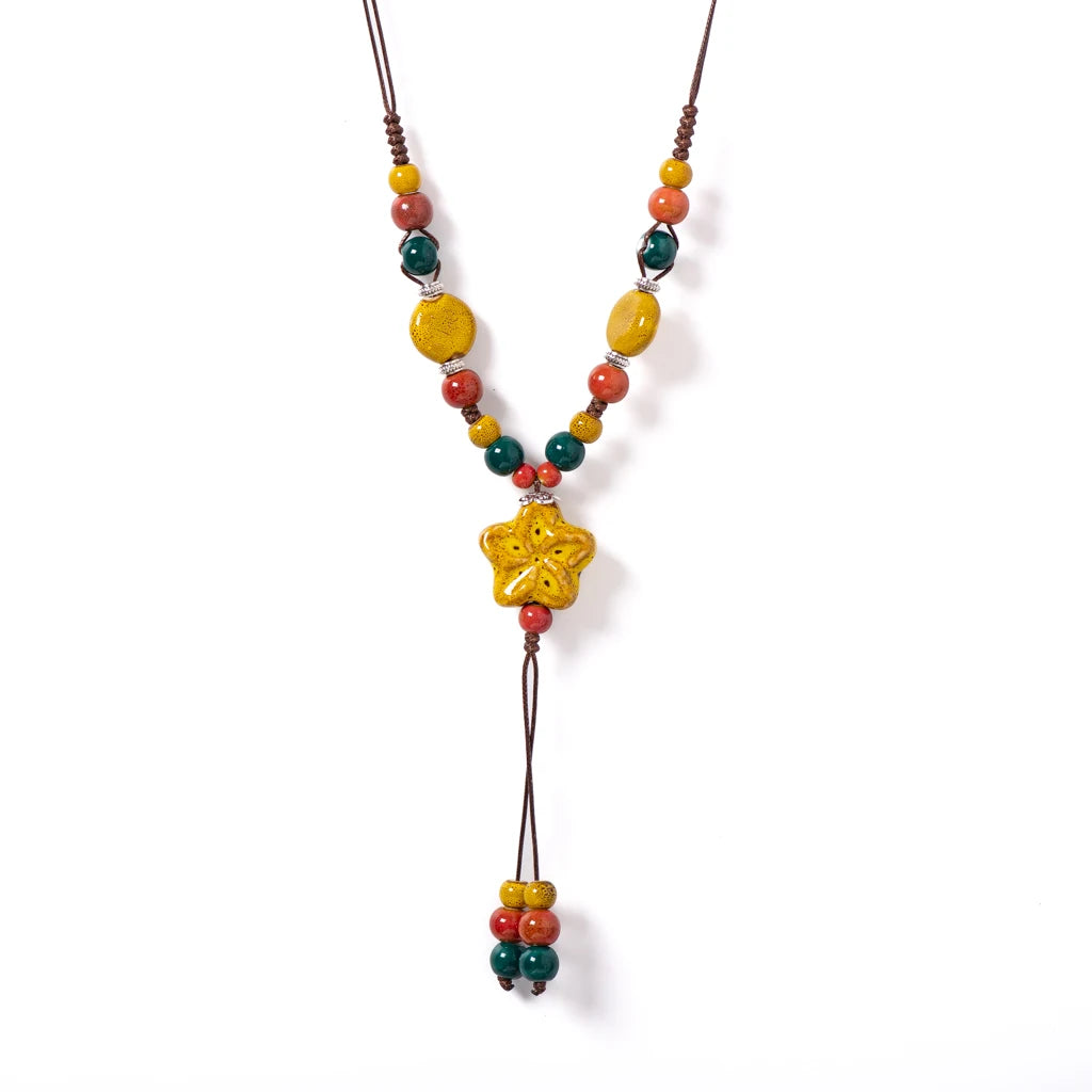 Handmade Ceramic Star Pendant Necklace - Adjustable Long Boho Blue Gem Jewelry for Women