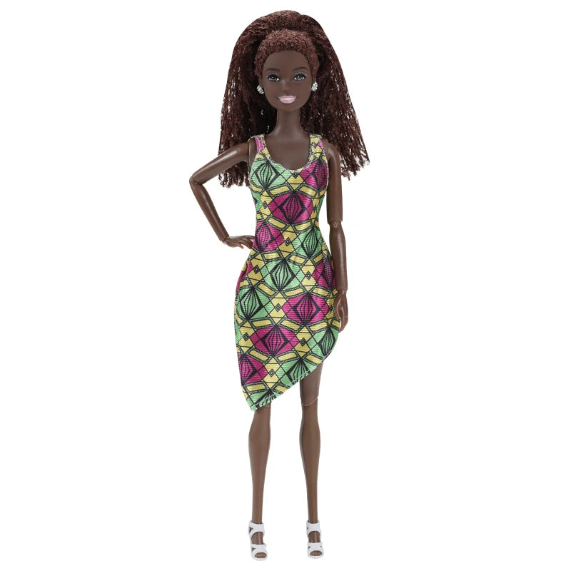 30cm Black Female Doll – Fashion Dress & Shoes, Brown Hair African Doll for Girls, Birthday Gift