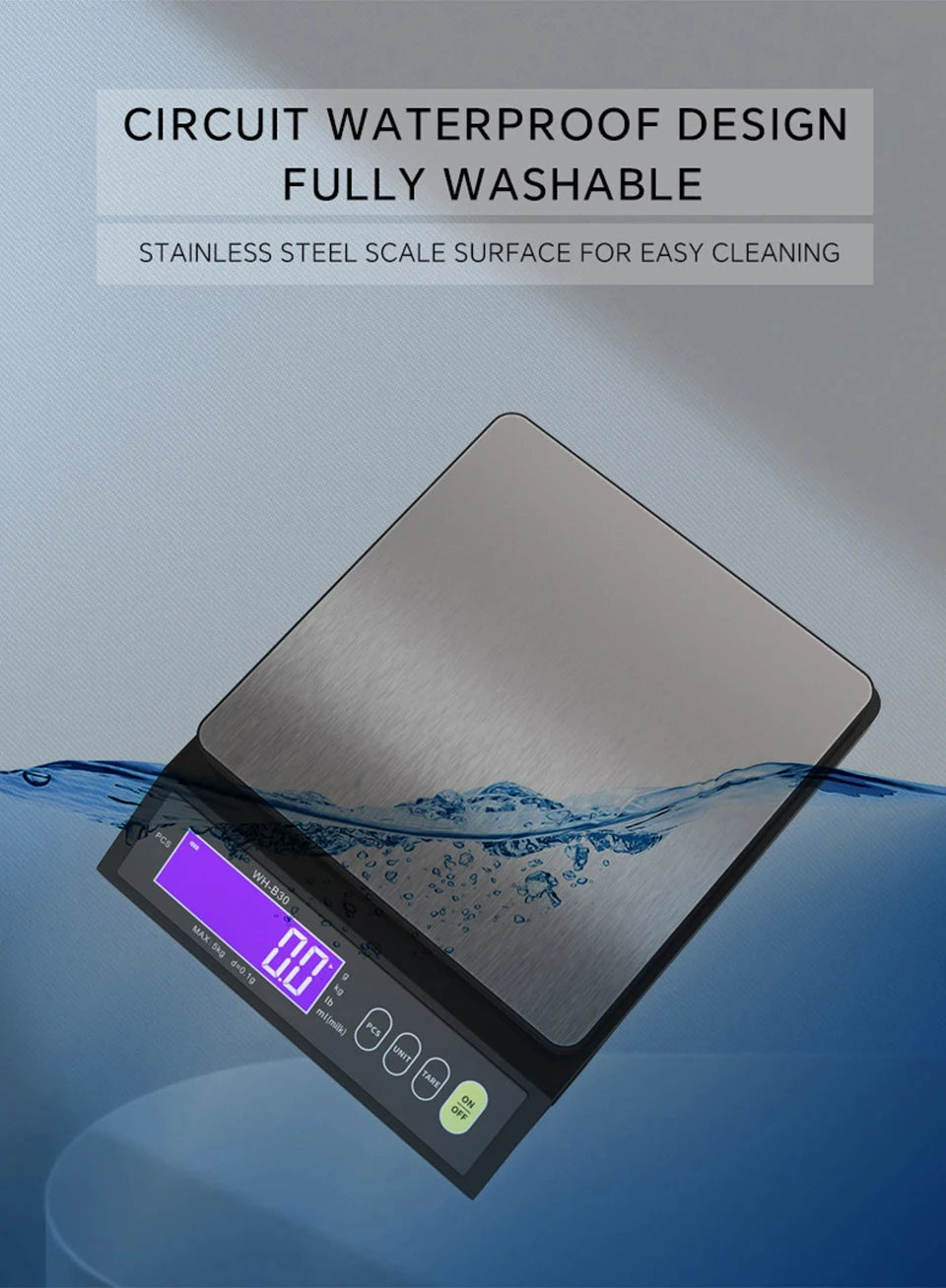 5kg/0.1g and 10kg/1g Digital Electronic Kitchen Scale, LCD Display, Fully Waterproof Stainless Steel Weighing Tool for Baking