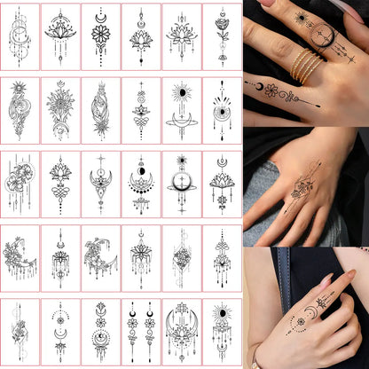 30pcs Black Temporary Tattoo Stickers - Flower Butterfly Rose Moon Star Mandala Designs for Hand, Chest & Body Art