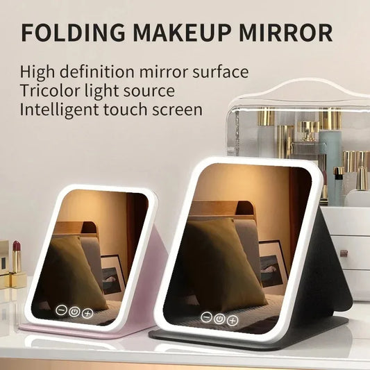USB Rechargeable LED Vanity Mirror - Touch Screen Folding Makeup Mirror with 3 Color Lights