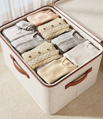 Large Household Storage Box – Heavy-Duty Hard Shell Cotton Linen Organizer with Zipper Lid for Clothes, Toys & Blankets