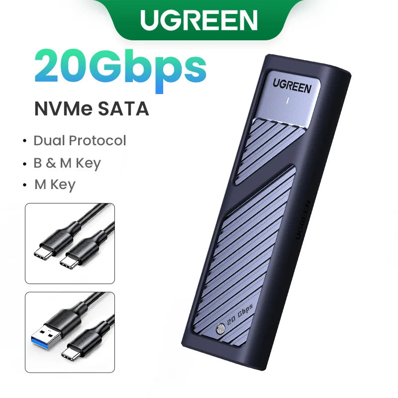 UGREEN M.2 SSD Enclosure – 20Gbps USB 3.2 Gen2 Type-C Adapter for NVMe & SATA SSD (M & B+M Key)