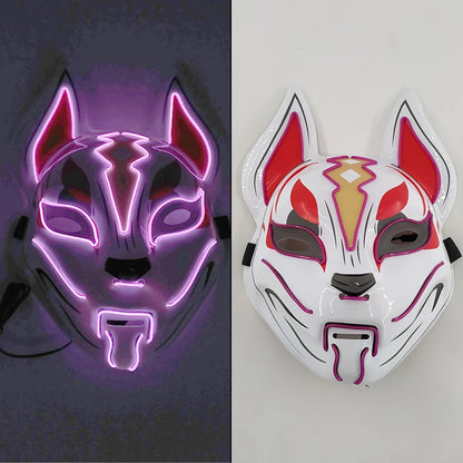 Glowing LED Fox Mask – Neon Japanese Anime-Inspired Samurai Cosplay Mask for Halloween, Christmas & Costume Parties
