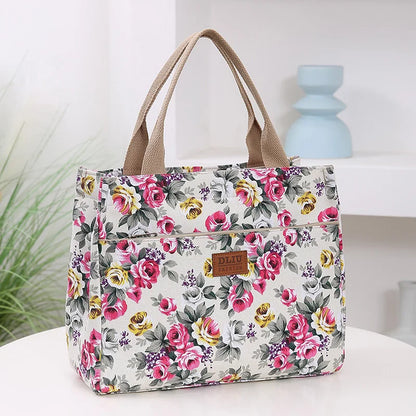 Women’s Floral Print Canvas Tote Bag – Portable Lunch Bag Casual Handbag Bento Mommy Bag for Picnic & Travel