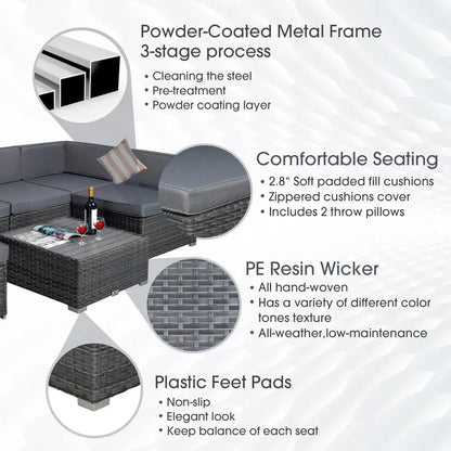 7-Piece Outdoor Patio Furniture Set with Cushions – PE Rattan Modular Sofa Set, Coffee Table & Pillows