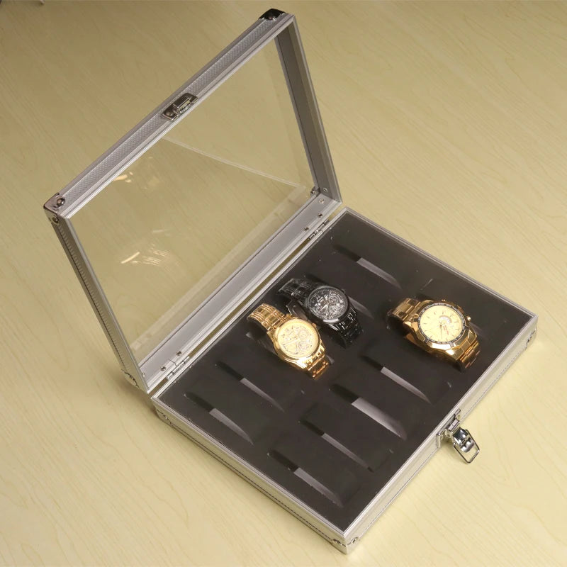 Aluminium Watch Storage Box — 12-Slot Jewelry Display Case with Suede Interior
