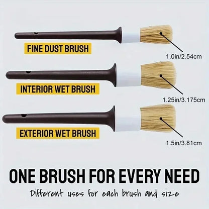 3PCS Car Detailing Brush Set – Boar Hair Bristle Cleaning Brushes for Interior & Exterior Auto Care, Dashboard & Detail Cleaning Tools