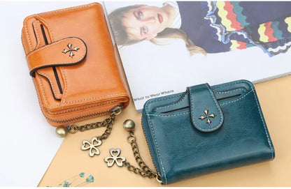 Women’s PU Leather Wallet — Short Hasp Coin & Card Holder, Small Money Bag Clutch in Blue & Red