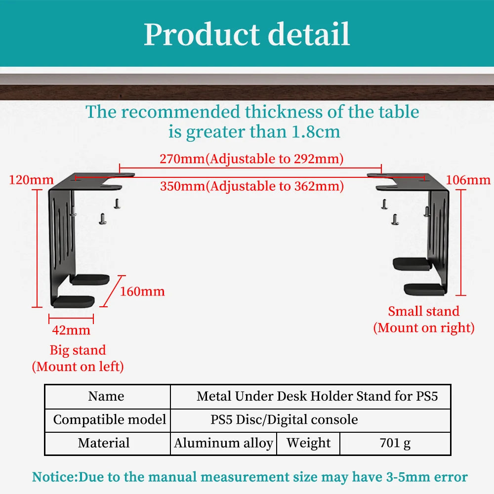 Under Desk Holder Stand for PS5 Console – Stealth Horizontal Mount Bracket for Disc & Digital Versions, Fast Delivery