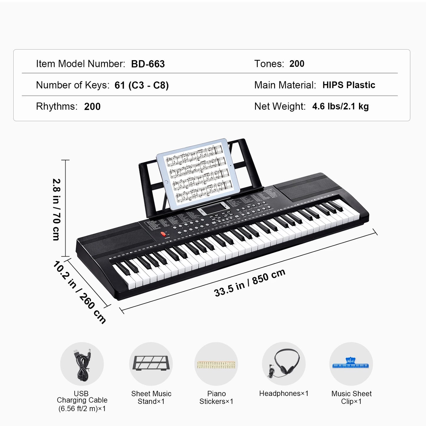 61 Key Digital Piano Keyboard - Portable Electric Piano with Multiple Tones & Rhythms for Beginners