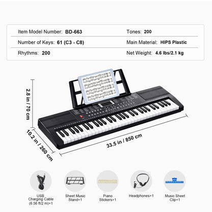 61 Key Digital Piano Keyboard - Portable Electric Piano with Multiple Tones & Rhythms for Beginners