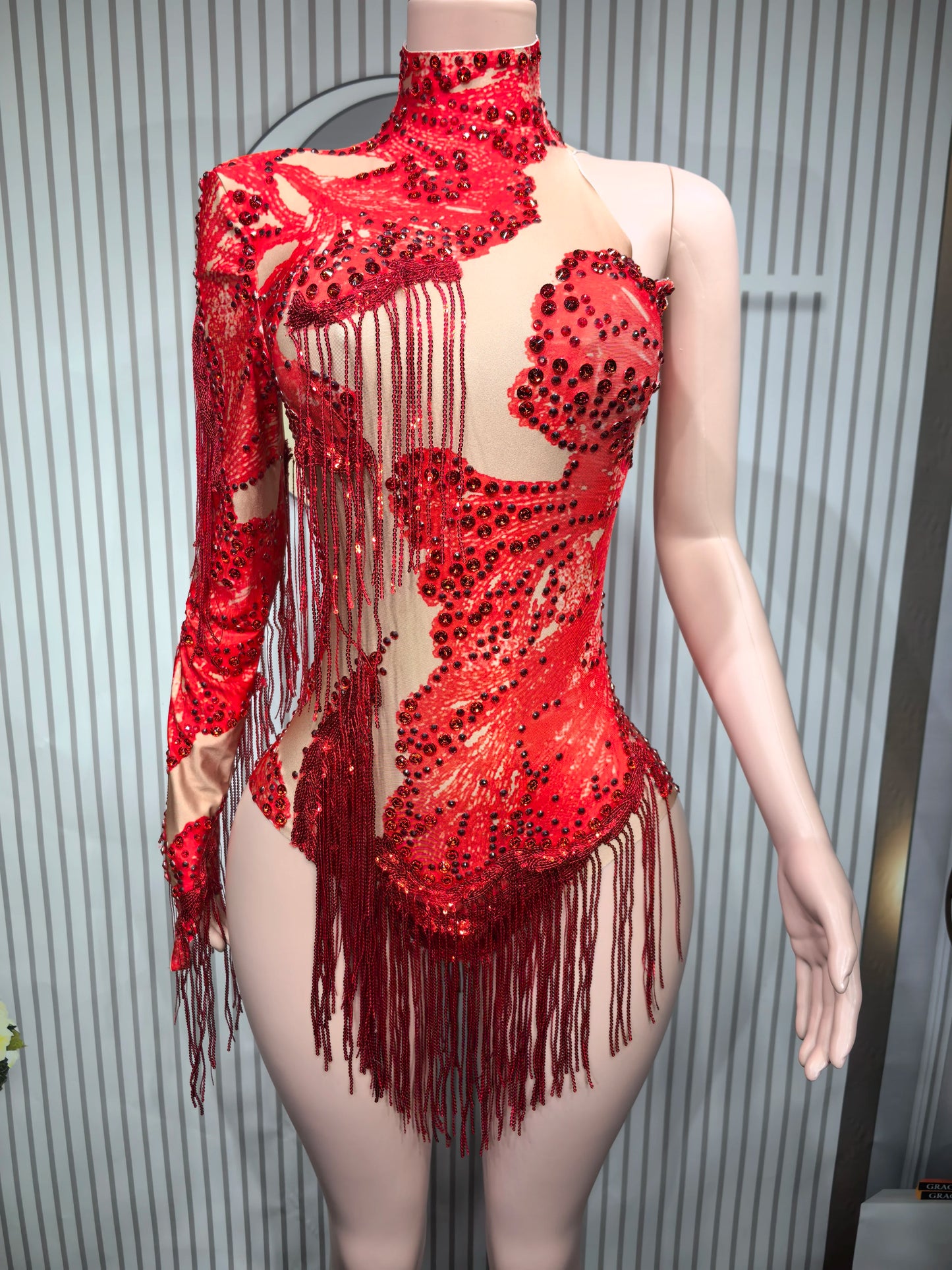 Sparkly Blue Rhinestone Leotard - One-Shoulder Fringe Bodysuit for Dance, Stage & Performance