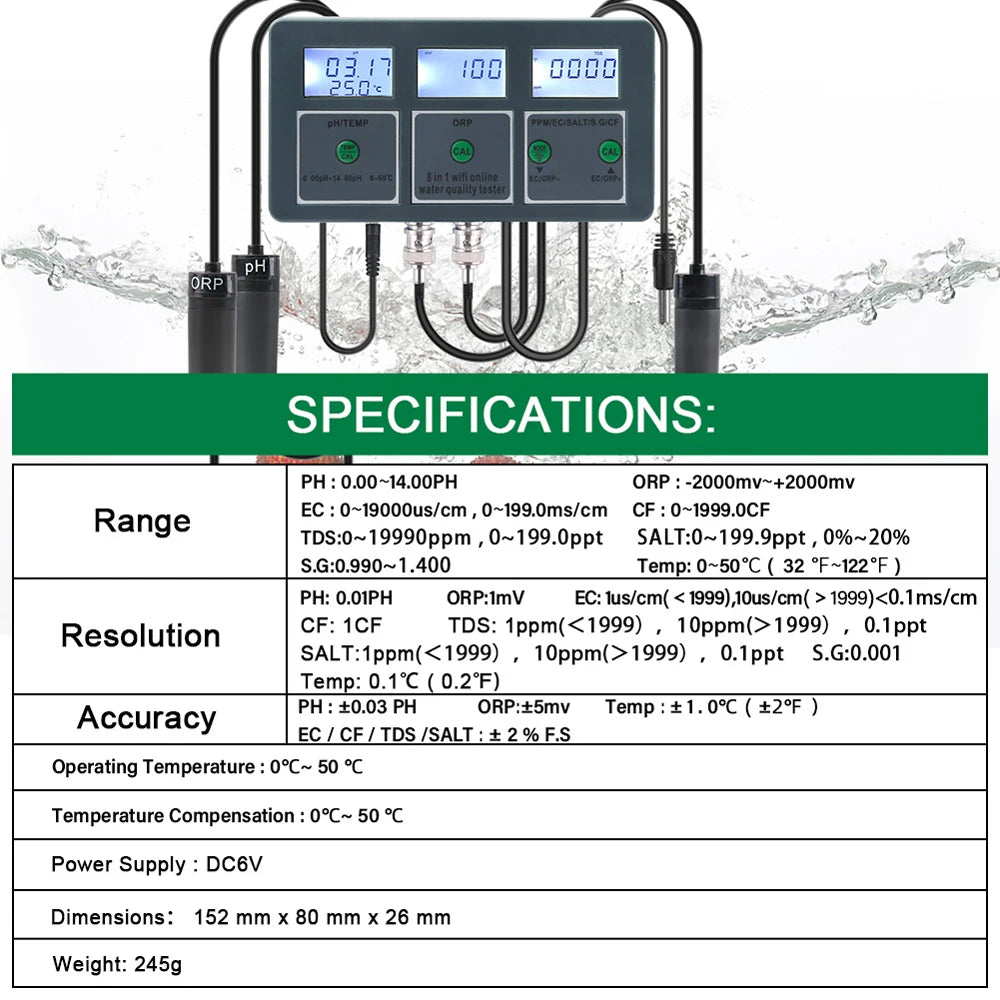 Tuya WiFi 8 in 1 Water Quality Tester – S.G, PH, EC, ORP, TDS, CF, Salt, Temp Analyzer for DIY Water Monitoring