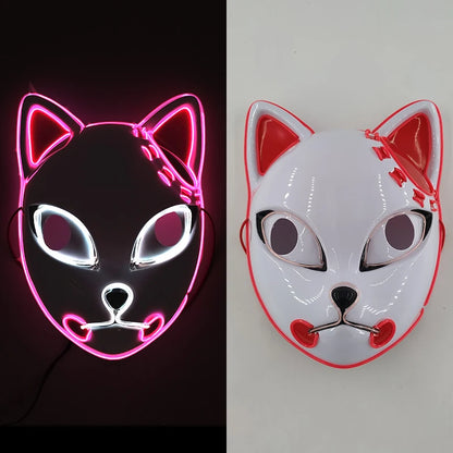 Glowing LED Fox Mask – Neon Japanese Anime-Inspired Samurai Cosplay Mask for Halloween, Christmas & Costume Parties