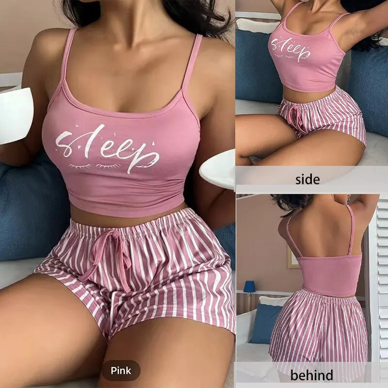 Summer Seduction: Sexy Women's Cotton Pajamas Set - Cute Sleeveless Tops and Shorts, Soft Sleepwear Nightwear for Females