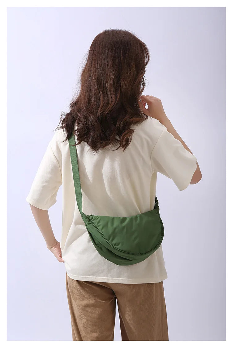 Solid Color Women's Portable Shoulder Bag – Simple Nylon Cloth Padded Crossbody Travel Purse & Messenger Bag