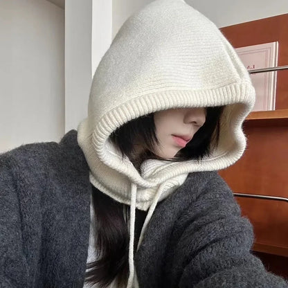 Winter Knitted Hooded Balaclava Hats for Women – Korean Style Outdoor Warmer Beanie with Drawstring Neck Collar
