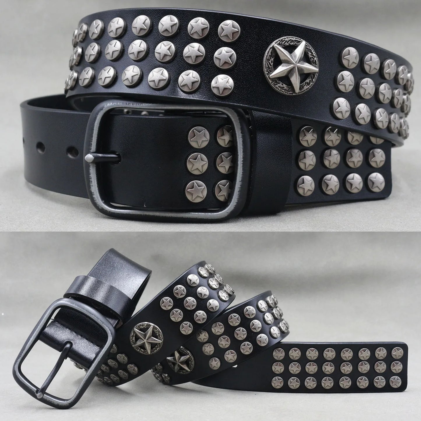 Men’s Designer Rivet Belt – Genuine Cowhide Leather Punk Rock Pin Belt for Jeans, Luxury Black Leather Belt