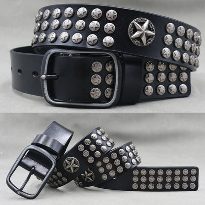 Men’s Designer Rivet Belt – Genuine Cowhide Leather Punk Rock Pin Belt for Jeans, Luxury Black Leather Belt