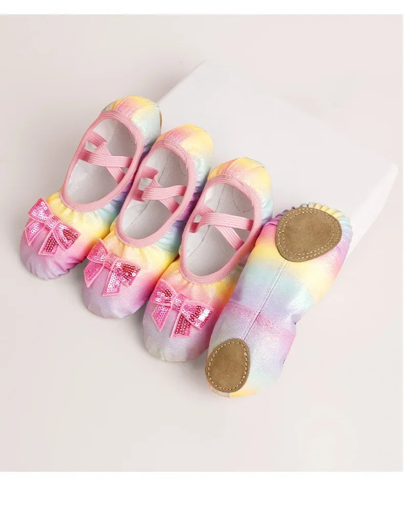 Girls Ballet Dance Shoes — Rainbow Bow Sequin Leather Soft Sole Flats for Performance & Practice