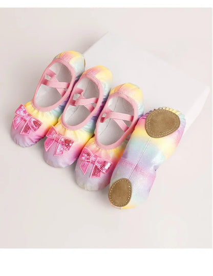 Girls Ballet Dance Shoes — Rainbow Bow Sequin Leather Soft Sole Flats for Performance & Practice