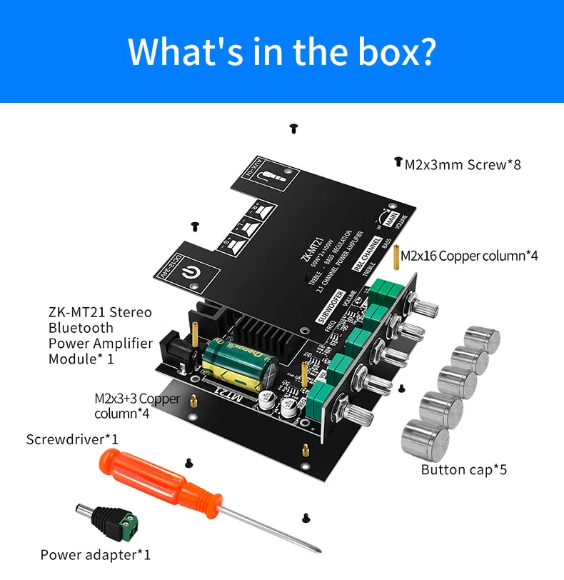 ZK-MT21 Bluetooth 5.0 2.1 Subwoofer Amplifier Board – CS8673E 50W×2 + 100W Stereo Bass Audio AMP with AUX Input