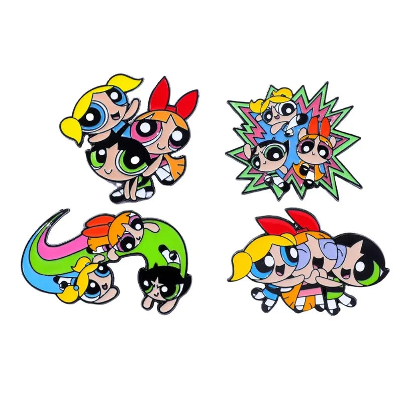 4-Piece Cartoon Anime Enamel Pin Set - Funny Blossom and Bubbles Metal Brooches for Backpacks, Clothing, and Gift Accessories