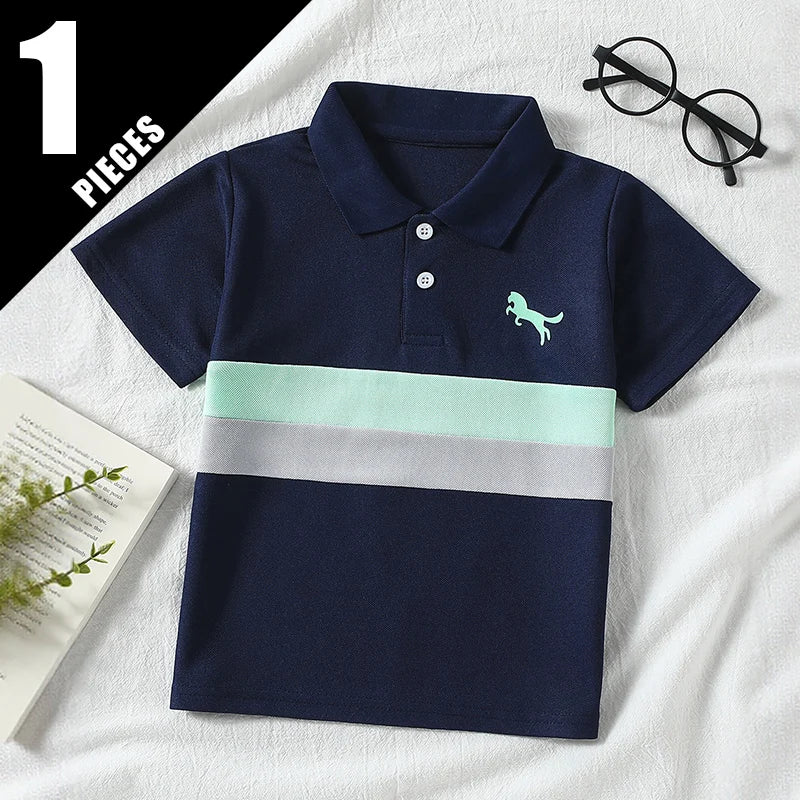 Boys' Striped Polo T-Shirt - Casual Short-Sleeve Lapel Top for Kids